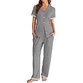 Ekouaer Womens Pajama Sets Short Sleeve Button Up Pjs, Chic Contrast Trim, Long Pants with Pockets,Soft Loungewear Set S-XXL