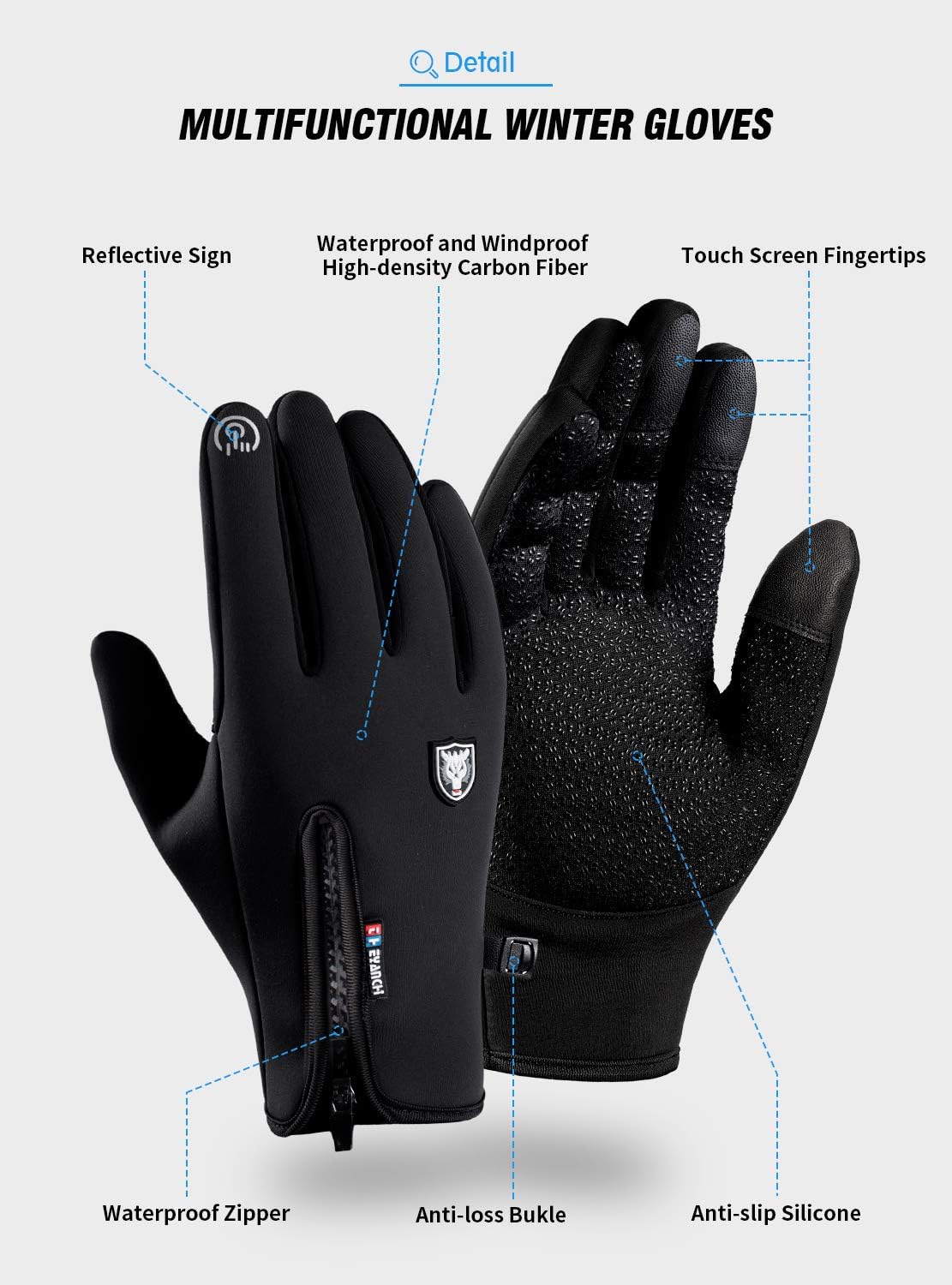 HONYAR Winter Gloves Men Women - High-Density Carbon Fiber Windproof Waterproof Glove, Touch Screen Fingers, Anti-Slip Grip, Lightweight Snug-Fit, Warm Lining for Training Driving Cycling Running Work : Clothing