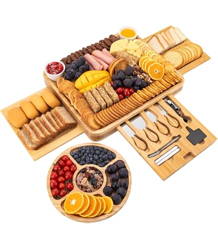 Lot de 23 planches à charcuterie en bambou – Grande planche à fromage et plateau à fruits avec tiroir à ustensiles, couteaux, fourchettes pour cadeau de Saint-Valentin, d'anniversaire, pendaison de