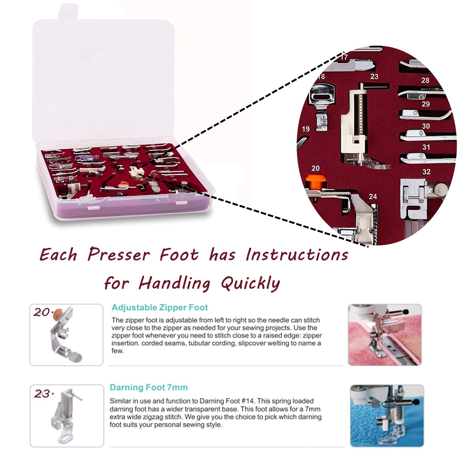 Windman 32Pcs Sewing Machine Presser Feet Set Include Instructions and Deluxe Package for Brother Singer Janome Babylock Low Shank Sewing Machine Use
