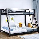 KAIFAM Metal Bunk Bed, Twin Over Full Bunk Bed with Safety Guardrail and Ladder, Heavy Duty Bunk Beds Twin Over Full Size for Apartment, Bedroom(Black)