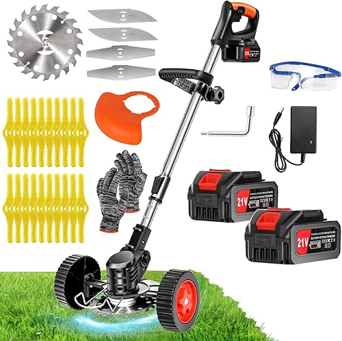Xbzzgmg Cordless Strimmer, Adjustable Grass Trimmer Telescopic Lightweight Brush Cutter with 2 Batteries and 4 Blade Types of Garden Strimmer, Grass Cutter for Yard, Garden, Sidewalk Edges