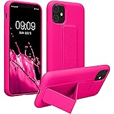 kwmobile Case Compatible with Apple iPhone 11 - Case with Hand Strap and Stand Soft TPU Silicone Coating - Neon Pink