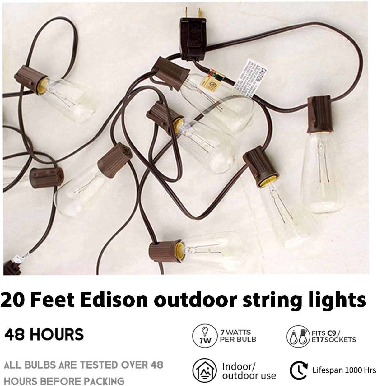 Afirst Outdoor String Lights 20Ft with 20 Edison Bulbs Vintage Bistro String Lights Waterproof Patio String Lights for Garden/Backyard Party/Wedding-Brown Cord: Home Improvement