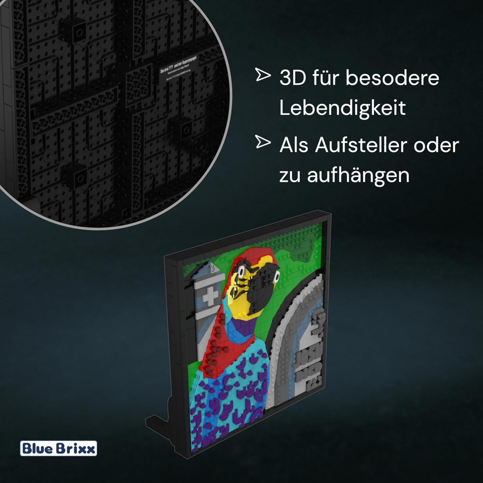 BlueBrixx Pro 108500 – Die DREI ???: 3D Bild: Der Superpapagei aus Klemmbausteinen mit 806 Bauelementen 3