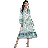 VintageClothing Women's Long Sleeve Bohemian Midi Dresses Summer Floral Retro V Neck Tassel Casual Dress