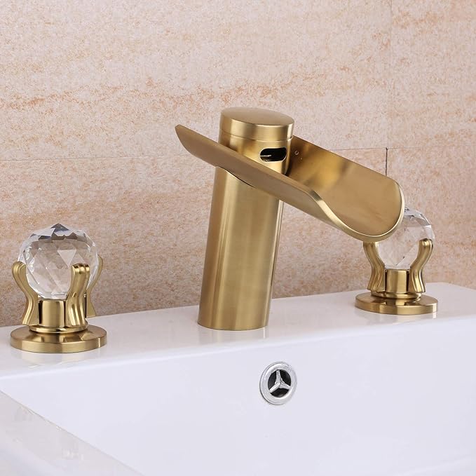 Grifo para lavabo de baño, oro cepillado, 3 agujeros, 2 manijas, llave