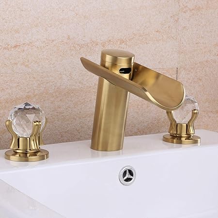 Grifo para lavabo de baño, oro cepillado, 3 agujeros, 2 manijas, llave
