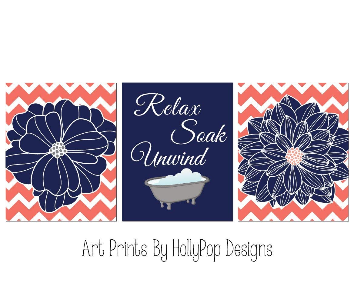 Amazon Com Navy Coral Bathroom Art Dahlia Flower Prints Relax Soak Unwind Spa Decor Floral Bathroom Art Bathroom Art Prints Set Of 3 Unframed Art Prints 1675 Handmade