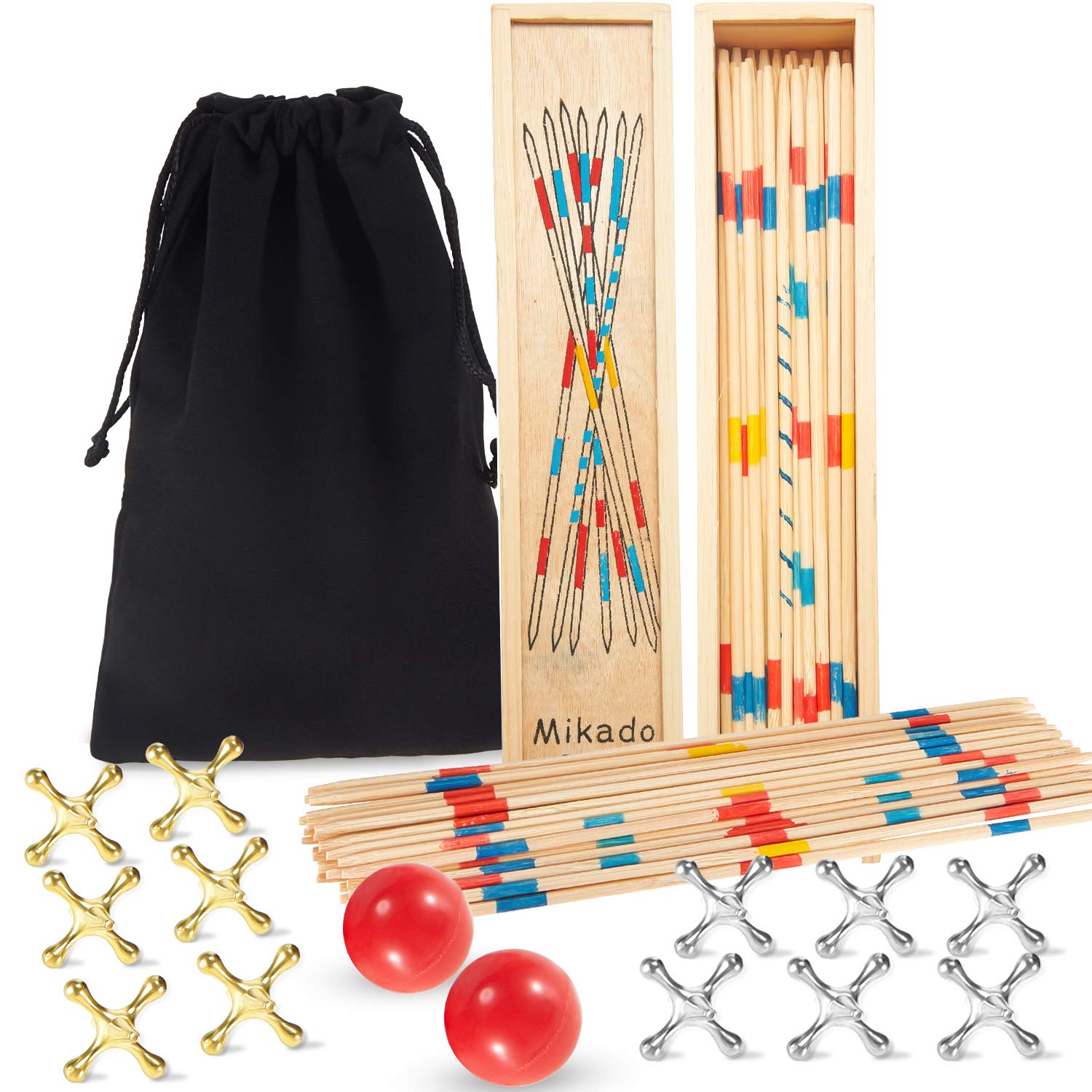 Photo 1 of Sumind 84 Pcs Jacks Game with Ball Include 62 Pcs Pick up Sticks 2 Pcs Red Rubber Balls 20 Pcs Gold and Silver Metal Jacks for Kids Adults Family