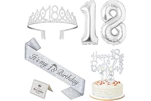 YEOHJOY 18th Birthday Decorations for Girls Silver with 18th Birthday Sash and Tiara, Cake Topper and Candles, Silver Number Balloons, 18 Year Old Gifts for Girls