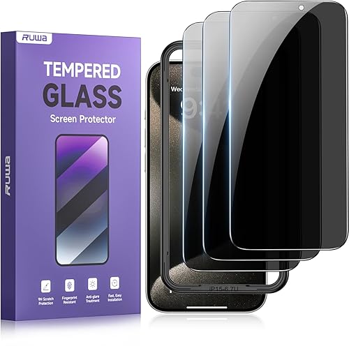 ruwa Privacy Screen Protector for iPhone 15 Pro Max[6.7 Inch][3-Pack] Anti-Peep Tempered Glass Film with Easy Installation Frame, 9H Hardness, Scratch Resistant, Case Friendly