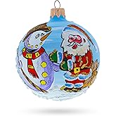 Joyful Laughing Santa with Snowman Glass Ball Christmas Ornament 3.25 Inches