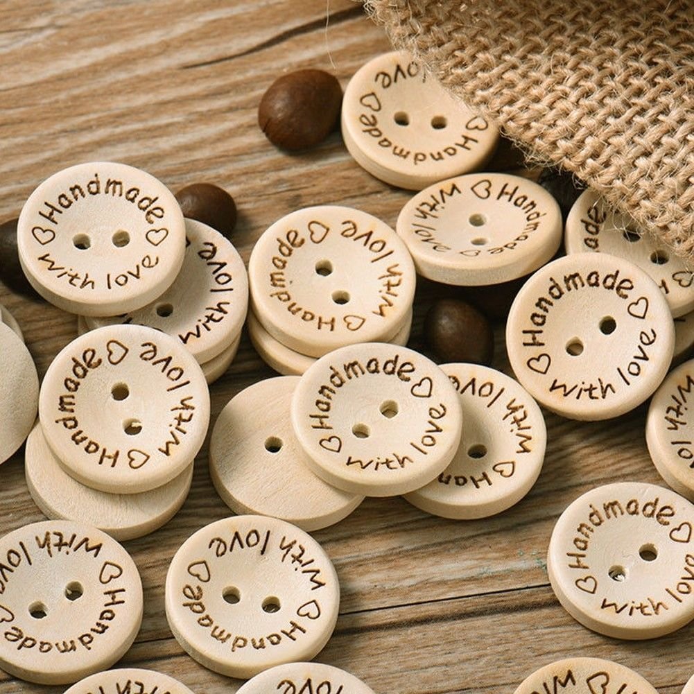 NAMVO 200pcs 2 Holes Handmade with Love Natural Wood Sewing Button 15mm