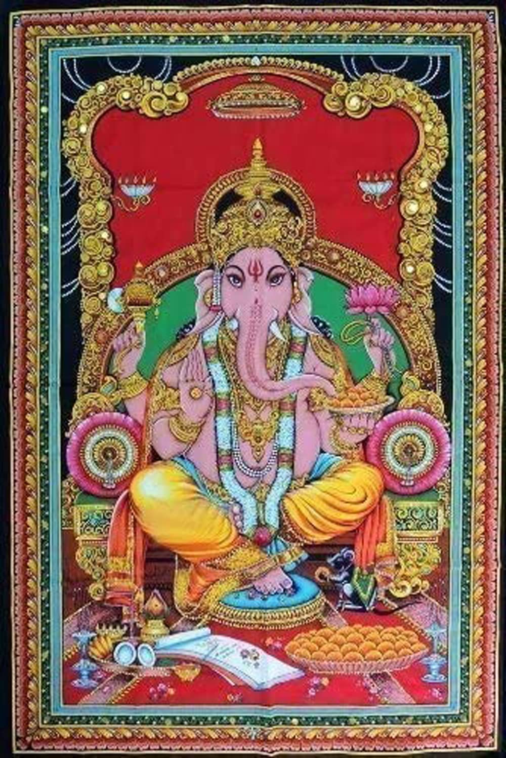 FIKIMOS Cotton Wall Hanging 40" X 30" Poster Size Home Decor (Singhasan-ganpati)