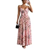 Womens V Neck Spaghetti Strap Midi Dress, Colorful Floral Painting Print Flowy Casual Summer Beach Sundress