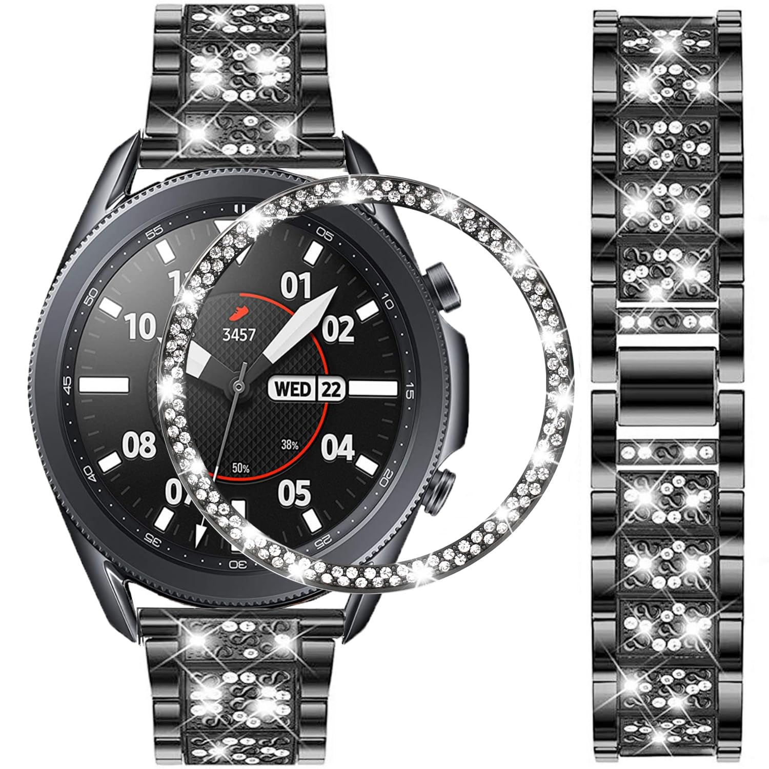 DEALELE Strap Compatible with Samsung Galaxy Watch 3 45mm, 22mm Elegant Diamond Stainless Steel Metal Strap with Strass Bezel Ring Cover Replacement for Women Men, Black
