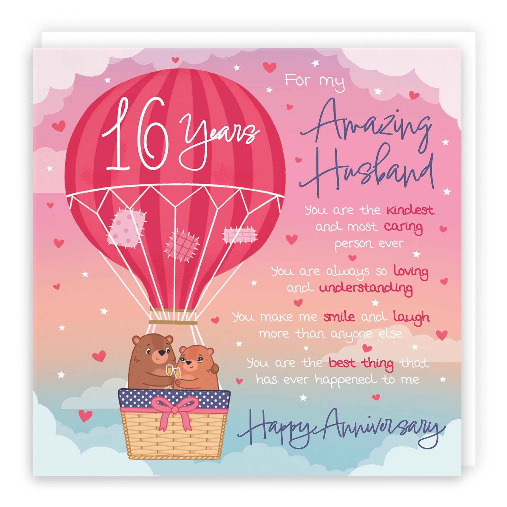 Hunts England - Large Husband 16th Anniversary Poem Card - Love Is In The Air - Beautiful Love Verse - Cute Bears - 16th Anniversary Card - Romantic 16 Years Husband Anniversary Card - 210 x 210 mm