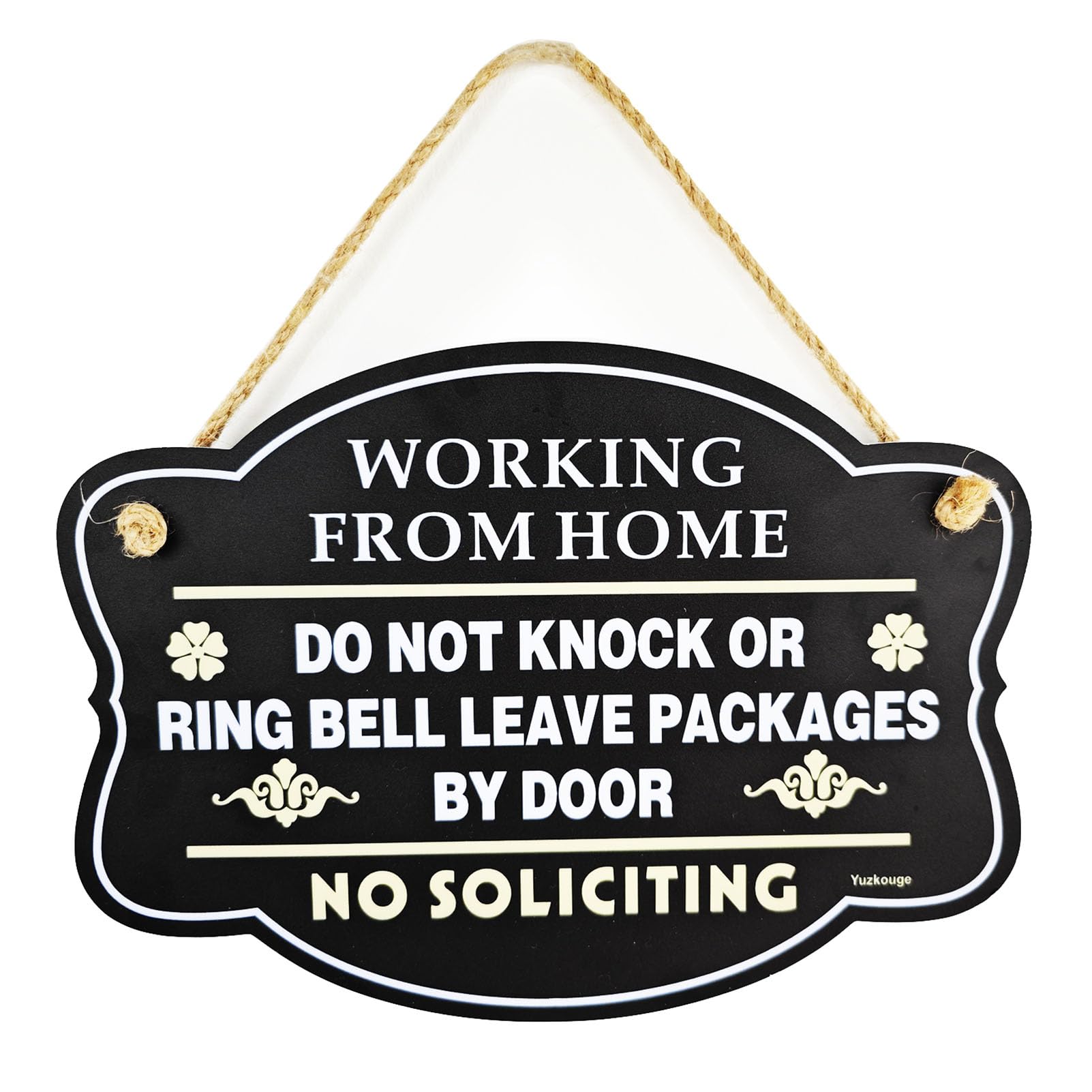 Yuzkouge Working From Home Sign, No Soliciting, PVC Material, 10” x 7” Double-Sided Privacy Sign for Door, Black, Minimalist Style