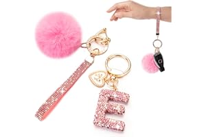 HONYJOOM Initial Letter Keychain for Women Girl Bling Rhinestone Sparkly Bag Backpack Purse Charm Cute Pom Pom Key Chain Wristlet