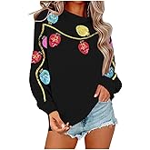 BEIDEFY Christmas Sweatshirts for Women Sequin Christmas Light Long Sleeve Shirt Holiday Crewneck Pullover Tops