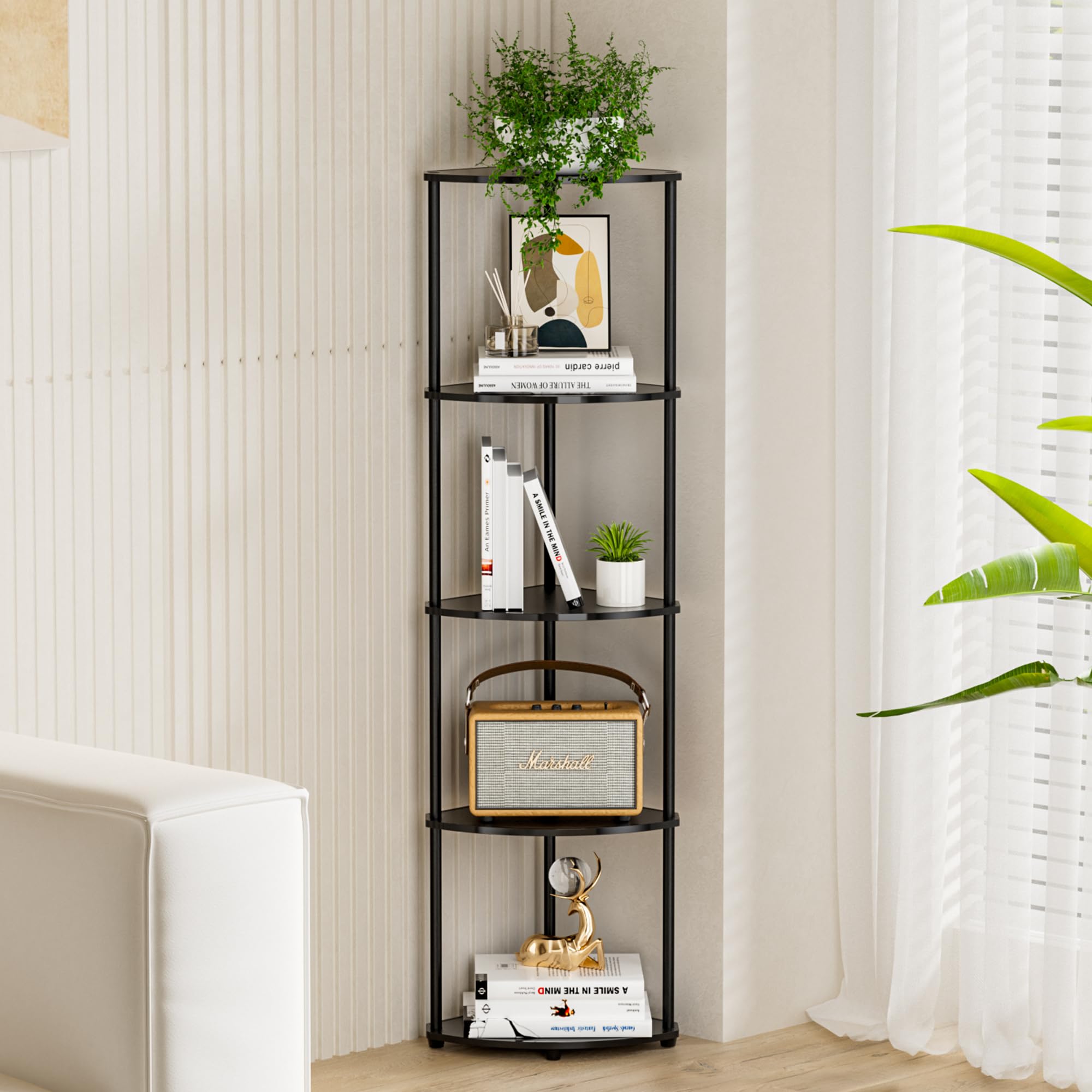 Photo 1 of 5-Tier Corner Shelf Stand, Waterproof Black Bathroom Organizers and Storage, Plant Display Shelves for Living Room Decor, Plastic Light Wall Corner Bookshelf Organizer for Office/Apartment/Small Space