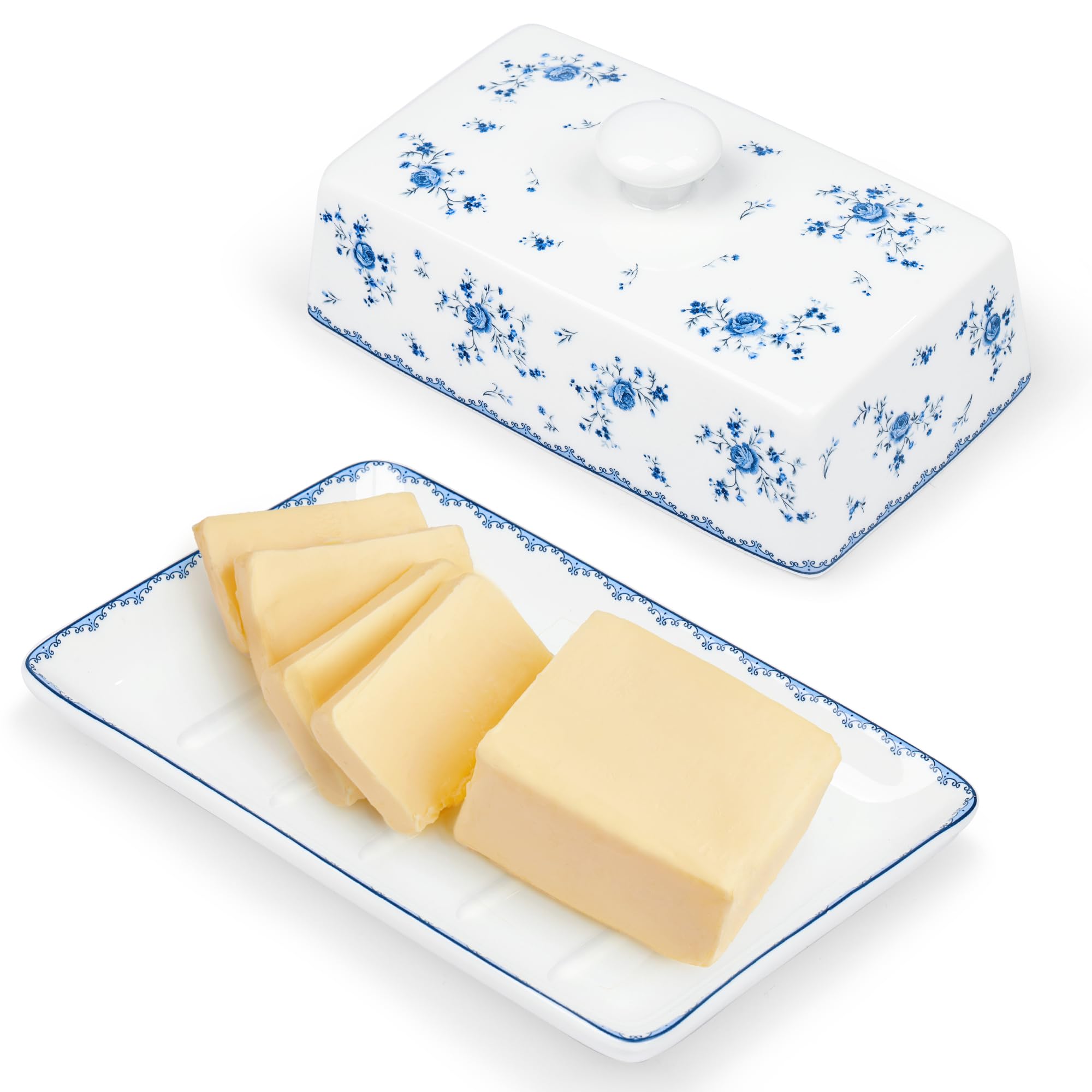 fanquare Ceramic Butter Dish with Lid, Porcelain Countertop Butter Container with Handle, White and Blue Floral Butter Dish, 18cmx11.3cmx5cm