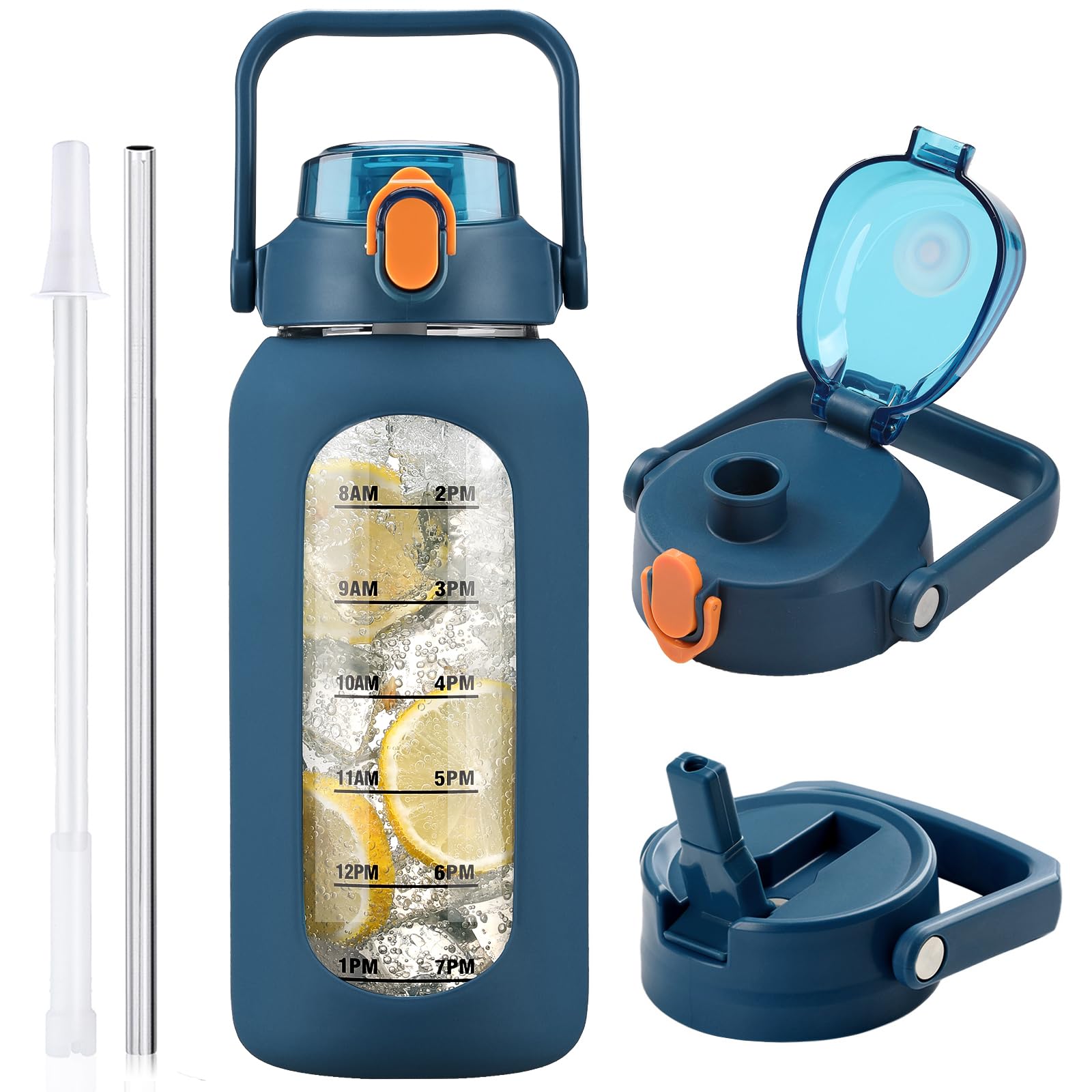 HYDRAGLAZIC 2L Glass Water Bottle with 2 Lids Flip and Chug Lids 2 Liter Large Water Jug with Time Marker and Silicone Sleeve BPA Free Leak-proof for Sports Gym, Dark Blue