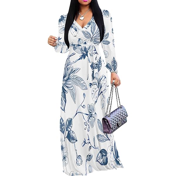 Plus Size Summer Dresses 3/4 Sleeves Deep V-Neck Floral Print Maxi Dress  with Belt Sexy Resort Floor Length Sundress at Amazon Women's Clothing store