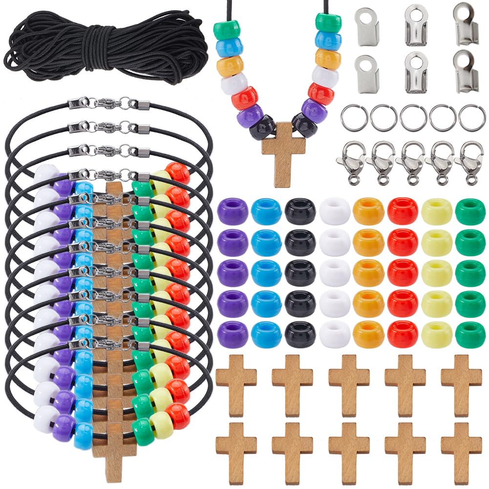 SUNNYCLUE 590Pcs Bracelet Making Kits 7 Chakra Beads Wood Cross Charm Mini Crucifix Charms Plastic Barrel Beads Colorful Pony Beads Spacer Bead for Jewellery Making Kit Adults Women DIY Craft Supplies