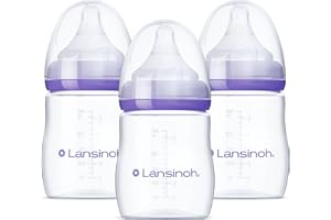 Lansinoh Anti-Colic Baby Bottles for Breastfeeding Babies, 160 ml (5 Ounces), 3 Count, Includes 3 Slow Flow Nipples, Size S