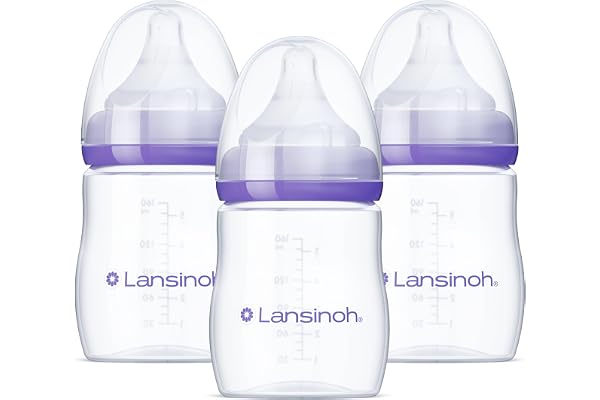 Lansinoh Anti-Colic Baby Bottles for Breastfeeding Babies, 5 Ounces, 3 Count, Includes 3 Slow Flow Nipples, Size S