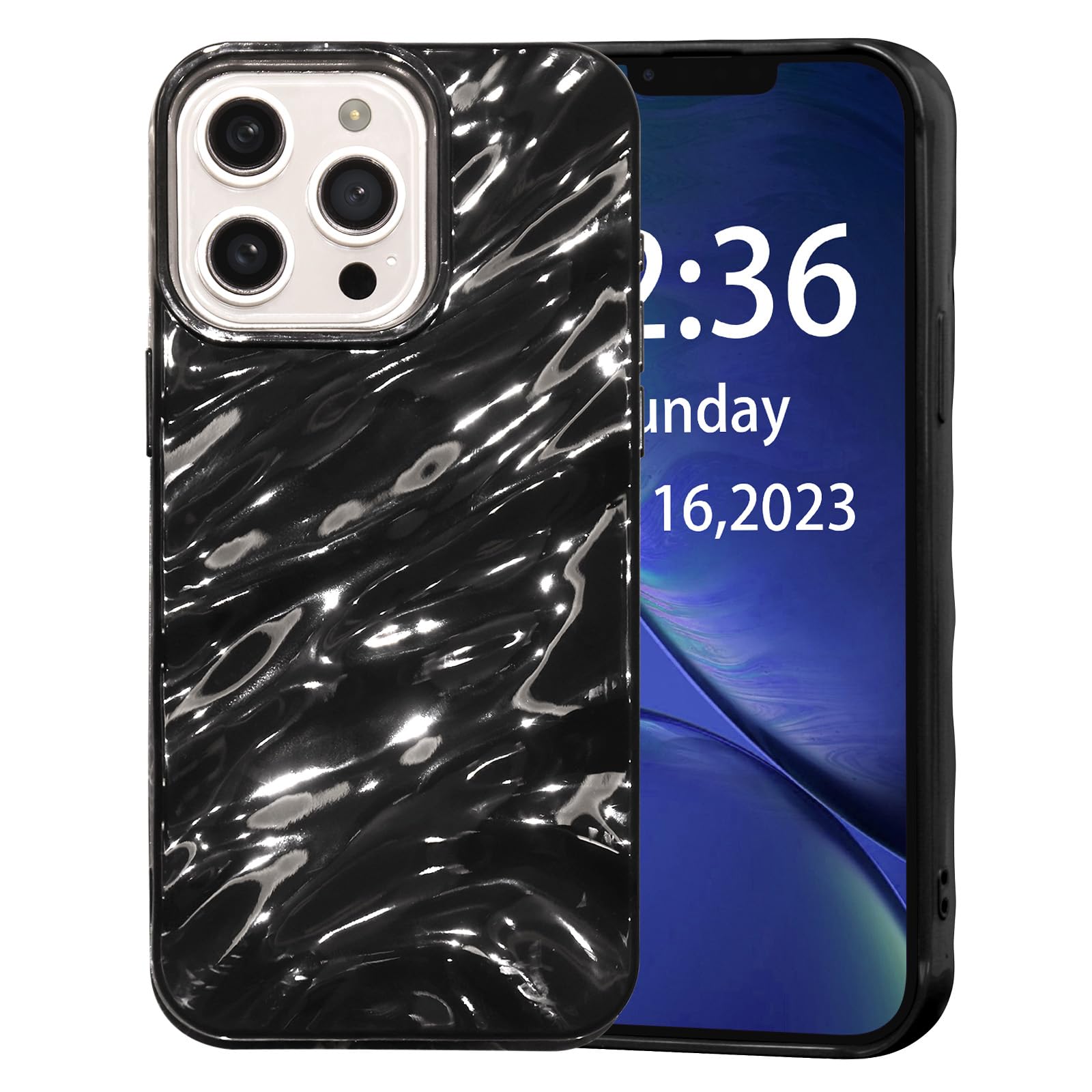 AKABEILA Case for iPhone 15 Pro Max Case 6.7 Inch Water Ripple Pattern TPU Phone Case Slim Shockproof 3D Non-Slip Glitter Sparkle Glossy Cover Black — image 1