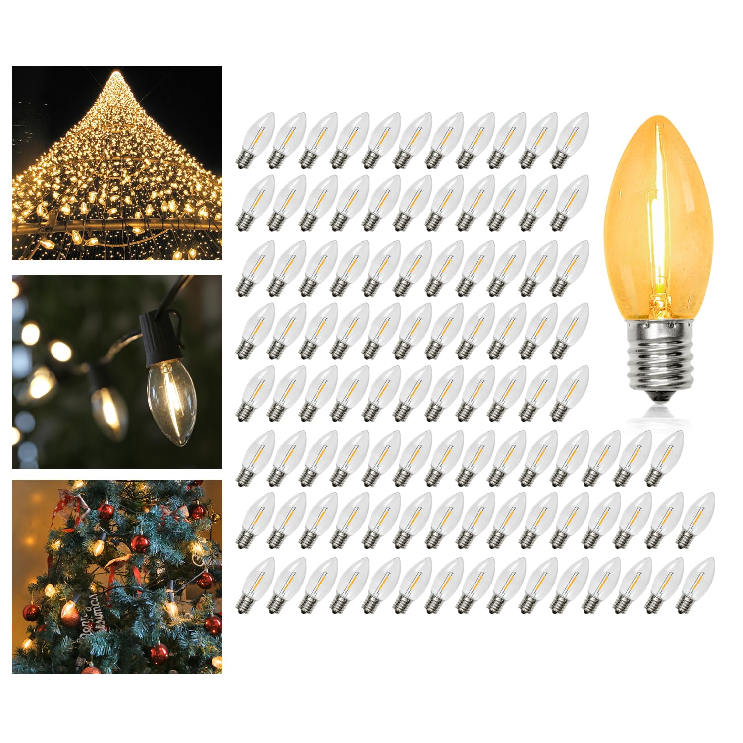 KGC C9 LED Replacement Christmas Lights Bulbs-0.6W Equivalent to 7W, Warm White 2200K, No Glass Shatterproof & Waterproof Plastic Bulbs, E17 Screw for Indoor Outdoor Patio String Lights 100 Pack Image