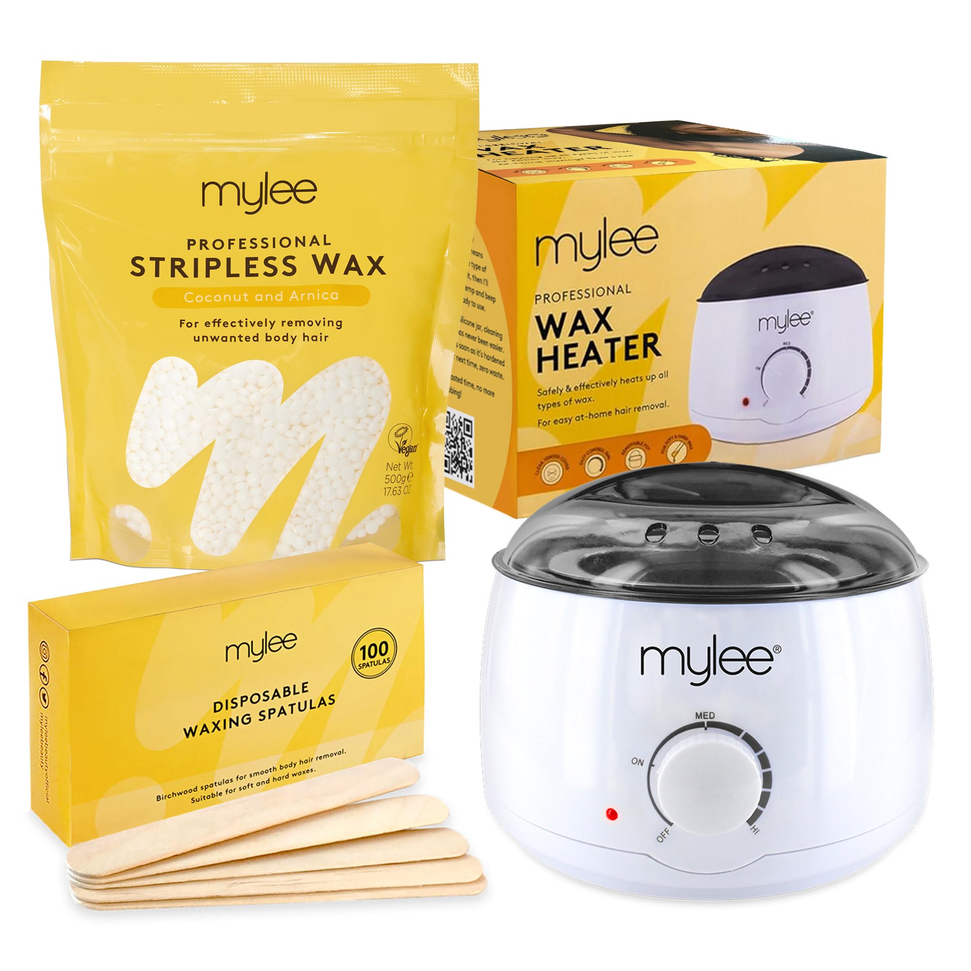Mylee Professional Waxing Kit for Women & Men – Electric Wax Pot Heater, 100 Spatulas & 500g Premium Italian Stripless Hard Wax Beads – Complete Hair Removal Set (Coconut & Arnica)
