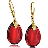 Amber by Mazukna Leverback Earrings for Women – Gold-Plated 925 Silver Drop Earrings with Natural Red Baltic Amber Piece, Lightweight Jewelry with Secure Closure for Everyday Elegance