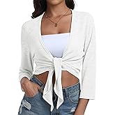 PrinStory Women's Tie Front Shrug 3/4 Sleeve Bolero Cardigan Lightweight Summer Casual Short Shawl Top S-4XL