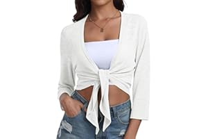 PrinStory Women's Tie Front Shrug 3/4 Sleeve Bolero Cardigan Lightweight Summer Casual Short Shawl Top