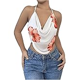 Floerns Women's Floral Print Draped Halter Backless Sleeveless Holiday Crop Cami Tops