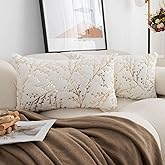 LIGICKY Set of 2 Fluffy White Faux Fur Lumbar Pillow Covers Gold Branches Glitter Throw Pillows Decorative Soft Furry Sparkling Rectangle Cushion Cases for Sofa Bedroom Party Décor 12x20 inch