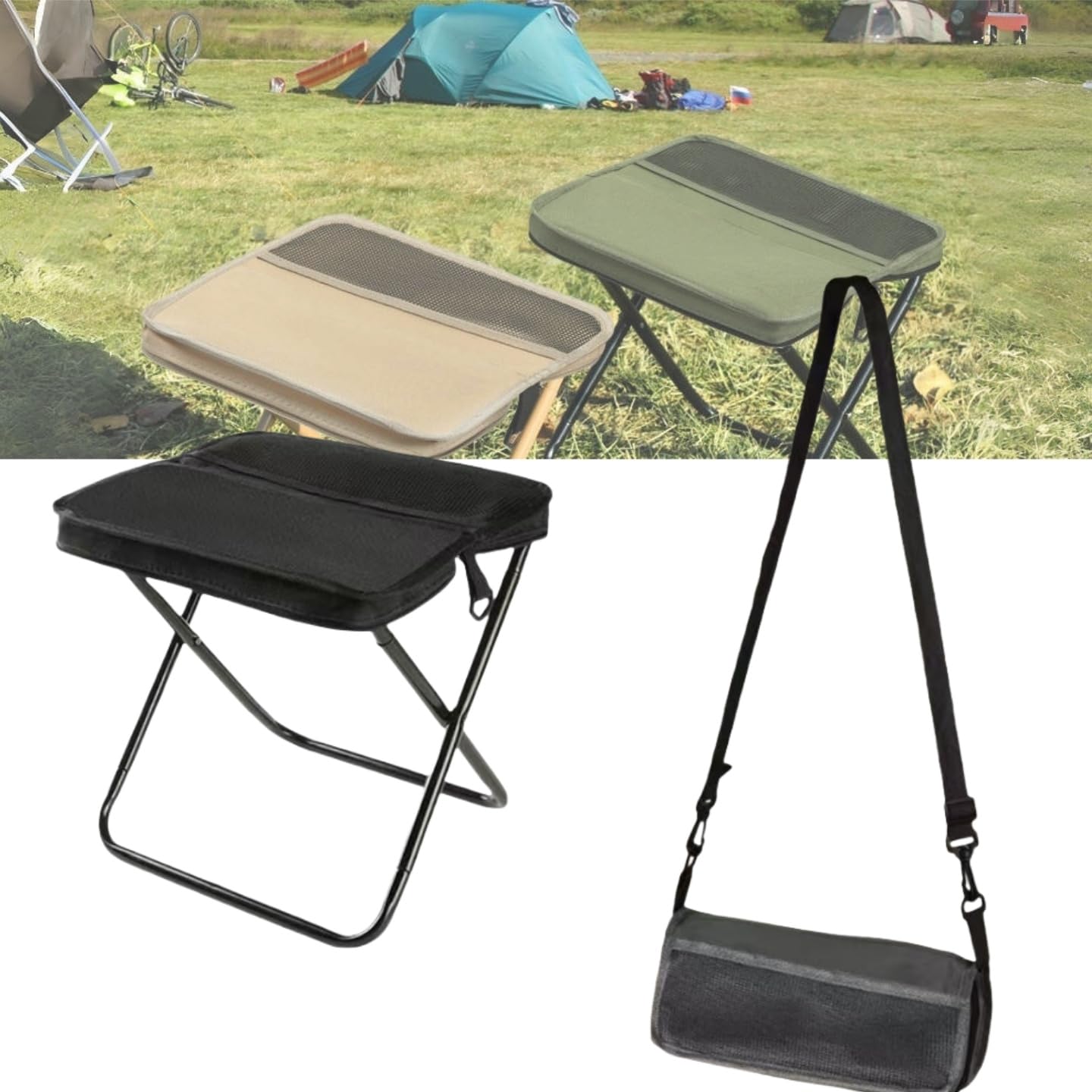 Photo 1 of **NO BOX**XHymitron Portable Folding Camping Stool with Shoulder Strap, Suitable for Hiking, Fishing, picnics (Black-A)
