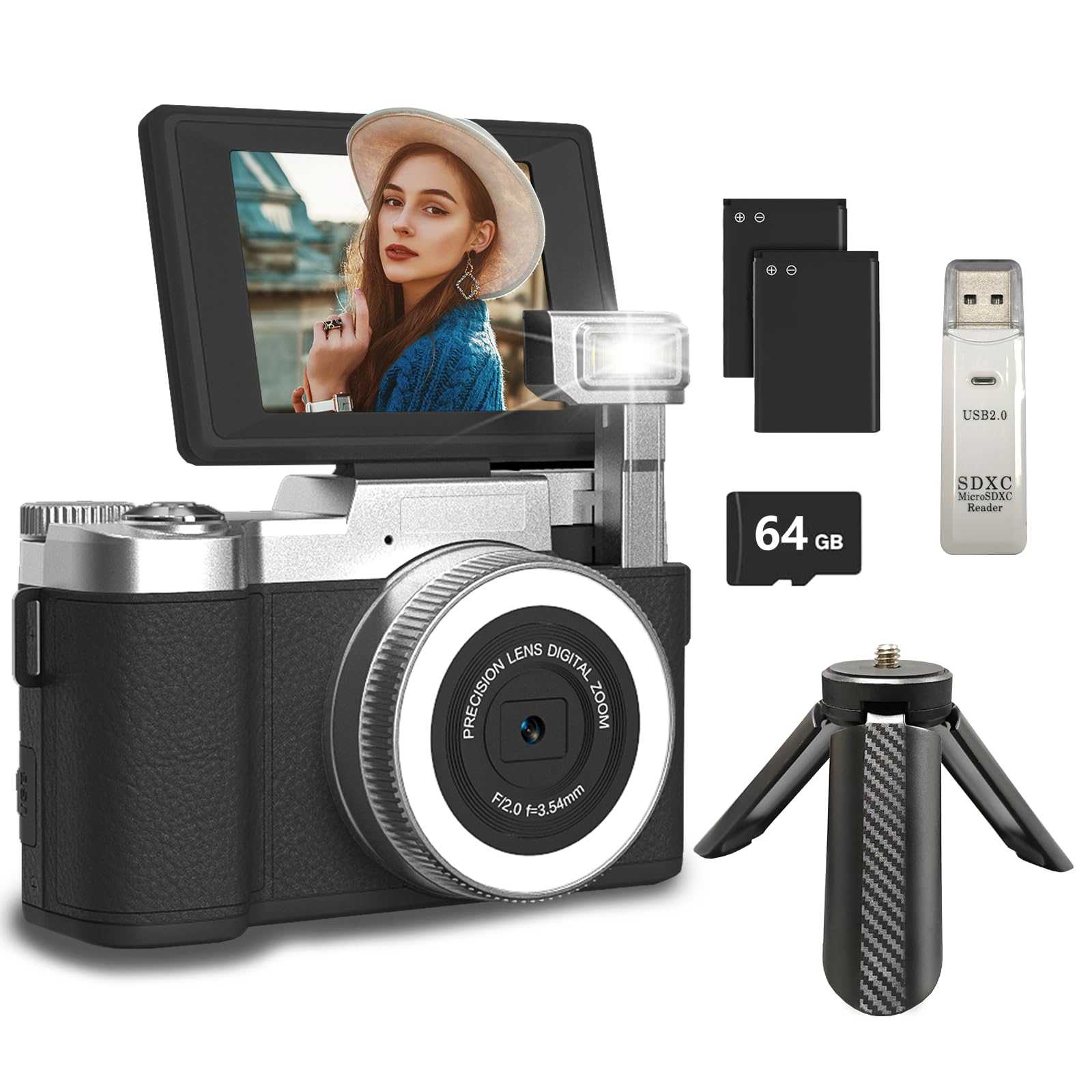 Photo 1 of 4K Digital Camera for Photography, 48MP Vlogging Camera for YouTube 2.8" 180° Flip Screen 18X Digital Zoom Compact Travel Cameras with 64GB SD Card & Card Reader,Mini Tripod,2 Batteries