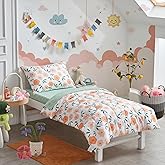 4 Pieces White Girls Toddler Bedding Set Orange Floral Style for Autumu and Winter.- Includes Adorable Quilted Flower Warm Comforter, Green Plaid Fitted Sheet, Top Sheet, and Pillow Case