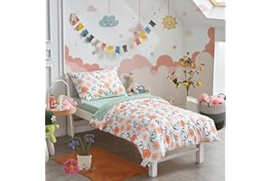 UOZZI BEDDING 4 Pieces White Girls Toddler Bedding Set Orange Floral Style for Autumu and Winter.- Includes Adorable Quilted Flower Warm Comforter, Green Plaid Fitted Sheet, Top Sheet, and Pillow Case