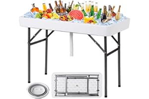 KOTEK Folding Ice Cooler Table with Matching Skirt, Drain Hose & Bucket, Foldable Buffet Beverage Cooler Server, Portable Chill Table for Party, Picnic, BBQ, Camping (White)