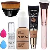 PHOERA Foundation, PHOERA CC+ Cream Color Correcting Anti Aging Hydrating Serum &SPF 25+, PHOERA Primer, PHOERA Makeup Set, Kabuki Makeup Brushes Foundation Brush Powder (105 Sand+ 160 Sand CC Cream)