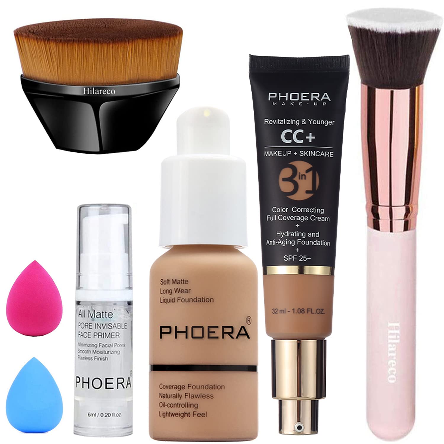 PHOERA CC+ Cream Color Correcting Anti Aging Hydrating Serum & SPF 25+, PHOERA Primer, Makeup, Kabuki Makeup Brushes Foundation Brush (105+160CC/Sand+ Sand CC Cream)