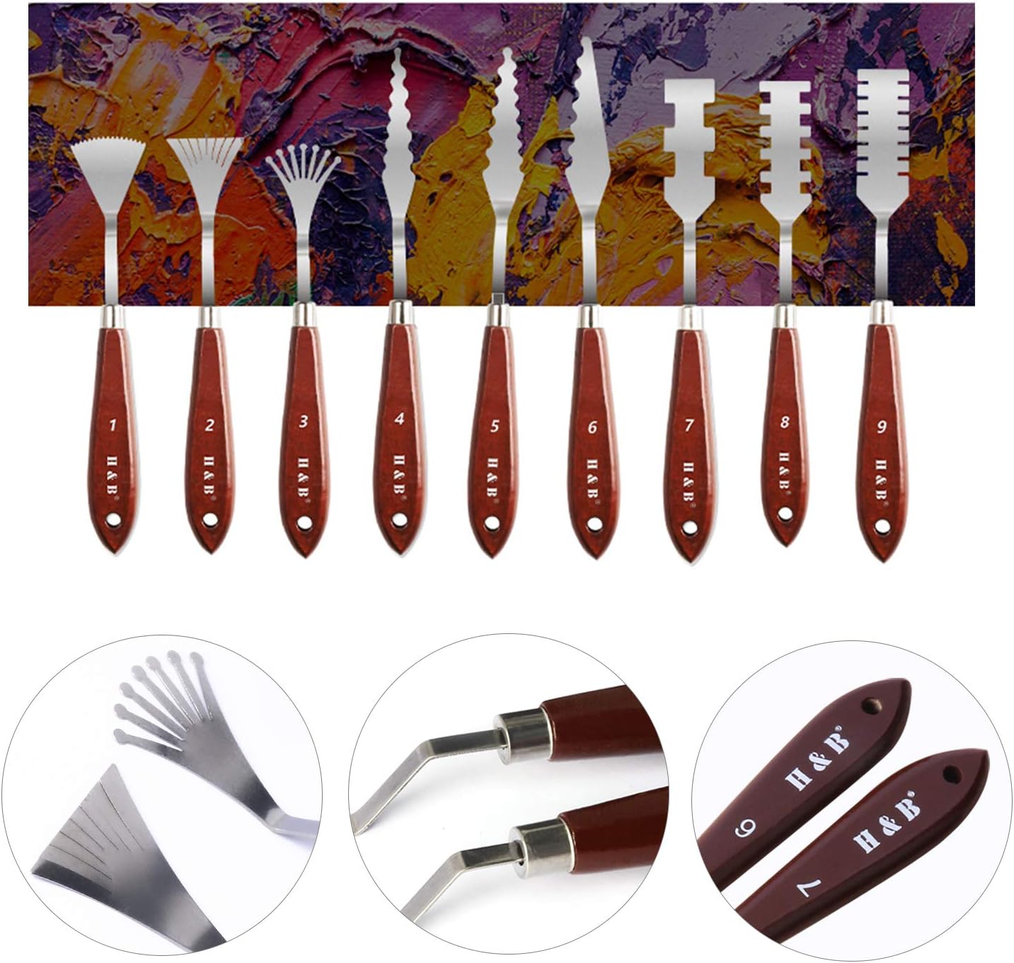 H & B 9-Piece Painting Knife Set, Versatile Stainless Steel Spatula Palette Knife Professional Palette Knife Painting Wood Handle Set for Mixing Paints, Thick Paint Applications and More
