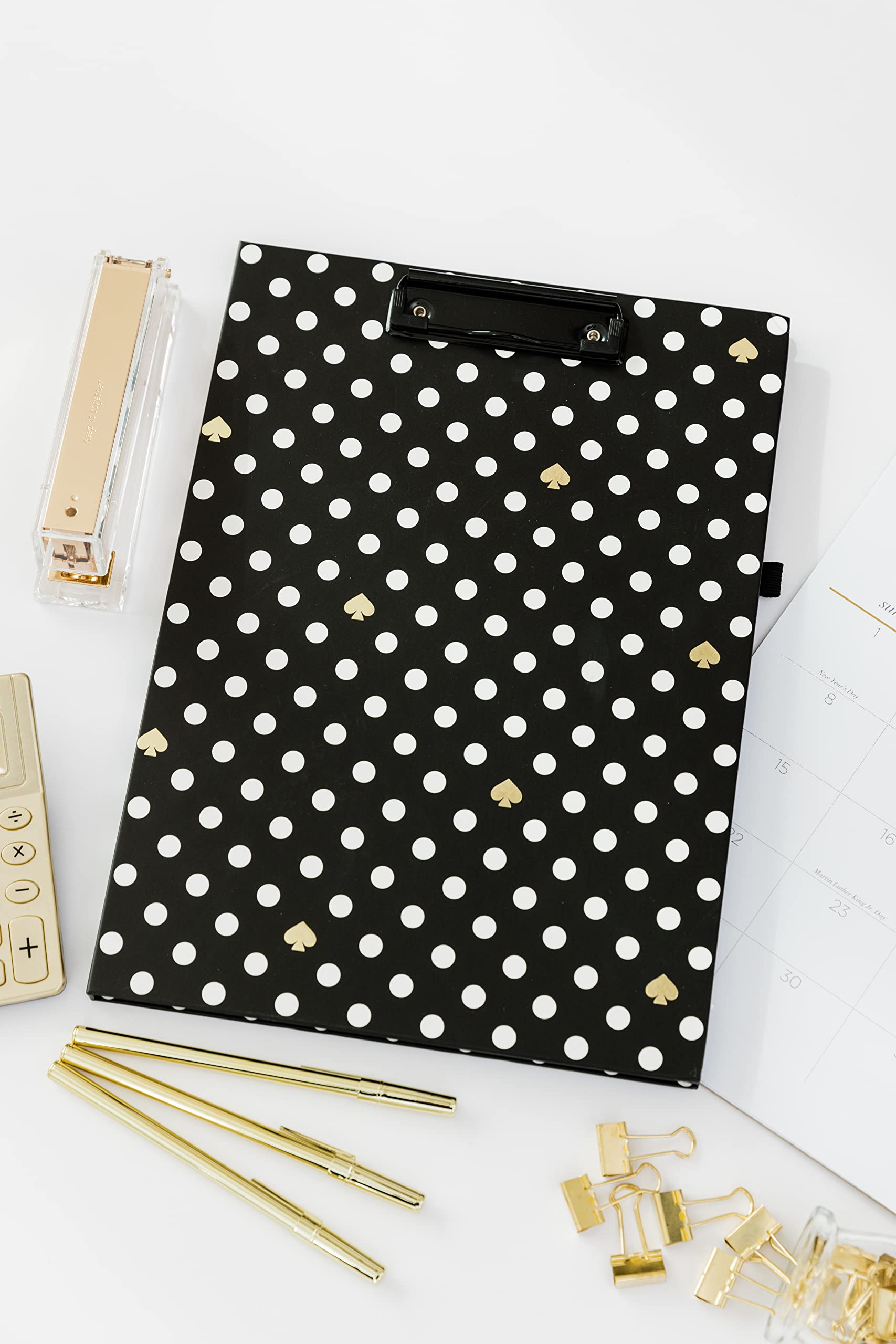 Kate Spade New York A4 Clipboard Folio with Low Profile Clip, Black Professional Padfolio Includes Lined Notepad, Pen Loop, and Pocket, Polka Dots