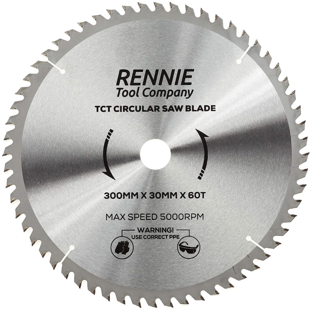 Rennie Tools - 300mm x 30mm x 60T TCT Circular Wood Saw Blade Includes 25mm 20mm & 16mm Bore Reduction Rings. Compatible with Bosch Makita Dewalt Circular Saw Etc. Also Fits 305mm Saws